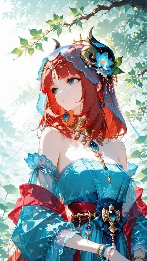 7 Ảnh nền anime cô gái tóc đỏ mặc váy xanh ngọc đứng giữa lá hoa và nắng sớm, khung hình đẹp theo kiểu minh họa Nhật mềm mắt, vừa có cảm giác mộng mơ vừa hợp làm ảnh nhân vật dễ thương cho màn hình dọc