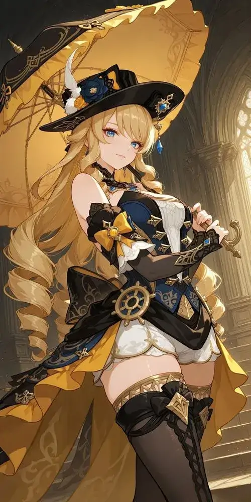 8 Nhân vật nữ mặc đồ phù thủy tông vàng nâu tạo dáng tự tin trong ánh sáng cổ điển, chiếc mũ rộng và nụ cười tinh nghịch làm bức tranh hoạt họa trông playful, đồng thời giữ được chất thân thiện và thần thái nổi bật