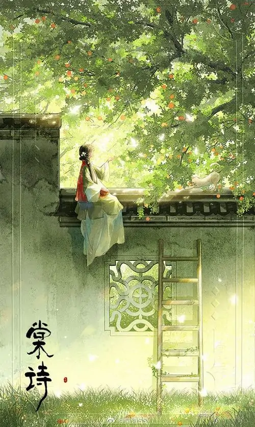 1 Ảnh anime thiếu nữ áo xanh đứng bên lan can gỗ dưới tán cây rợp sáng, hán phục rủ mềm theo nắng sớm, khung cảnh tĩnh lặng phủ hơi cổ phong, dáng người nhỏ bé mà đẹp, gợi cảm giác chờ ai bên hiên vắng