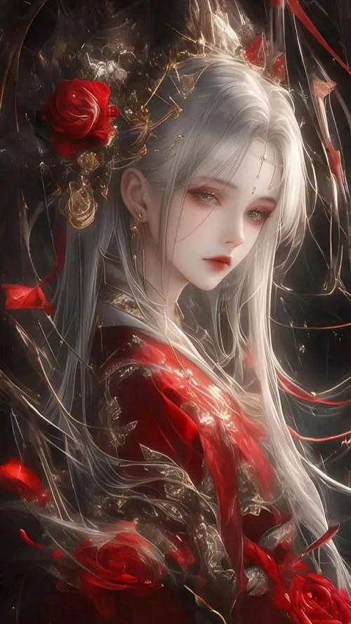 10 Thiếu nữ tóc bạc trong hình anime mỹ nhân cổ phong buồn khoác váy đỏ sẫm, hoa bỉ ngạn nở quanh vai và tóc, mỹ cảm chia ly phủ lên gương mặt trắng, đẹp dữ dội mà vẫn giữ vẻ mềm yếu