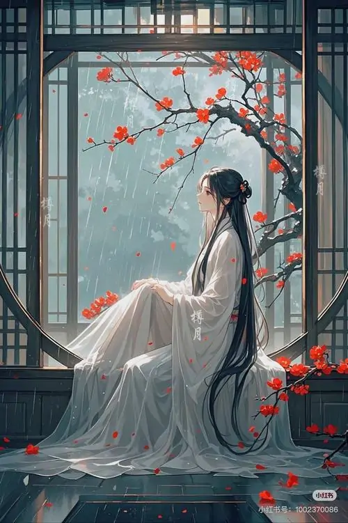 11 Khung hình anime cô gái vận y phục sáng ngồi nghiêng bên cửa tròn, cành đỏ rơi qua màn sương mỏng, bóng dáng thanh tao hòa cùng cung điện cổ phía sau, tạo cảm giác vắng lặng mà rất dễ thương