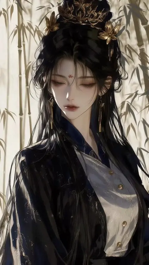 12 Nàng mặc áo tối trong tranh phong cách Nhật đứng giữa thân trúc, sống mũi thanh, mắt rũ sâu, khí chất lạnh lùng hòa với dáng mỹ nhân kiếm hiệp, đẹp kín đáo như một câu chuyện chưa tiện mở lời