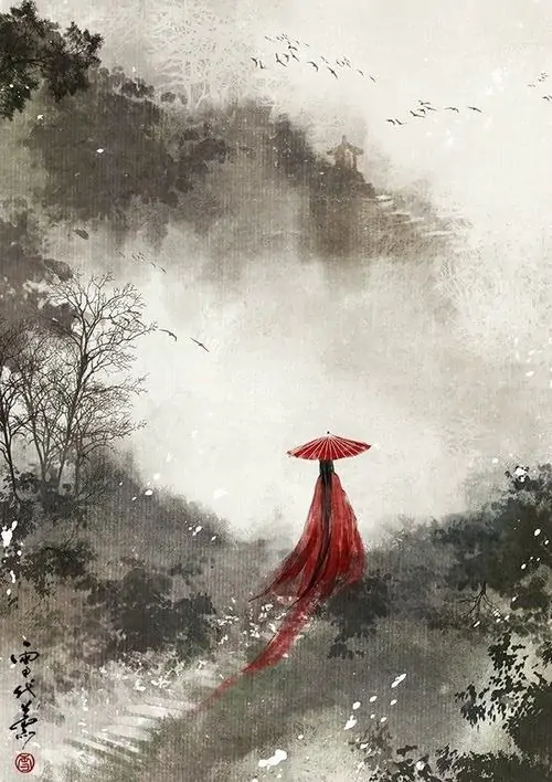 13 Tranh cổ phong chỉ giữ lại một bóng người cùng ô đỏ giữa nền núi nước mờ sương, chất hoài cổ và tịch liêu lan rộng khắp khung cảnh, ít chi tiết nhưng rất đẹp, gợi sự cô độc kéo dài