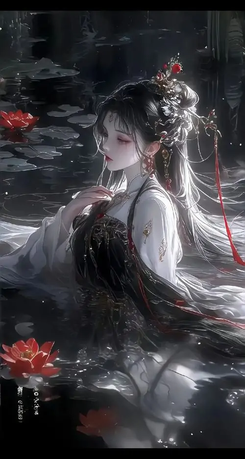 14 Thiếu nữ tóc bạc trong nước tối quay nửa mặt về người xem, cánh đỏ nổi quanh vai như dấu vết ly biệt, sắc đen và hoa bỉ ngạn hòa nhau, làm bức ảnh nữ cổ trang anime tâm trạng thêm ám gợi