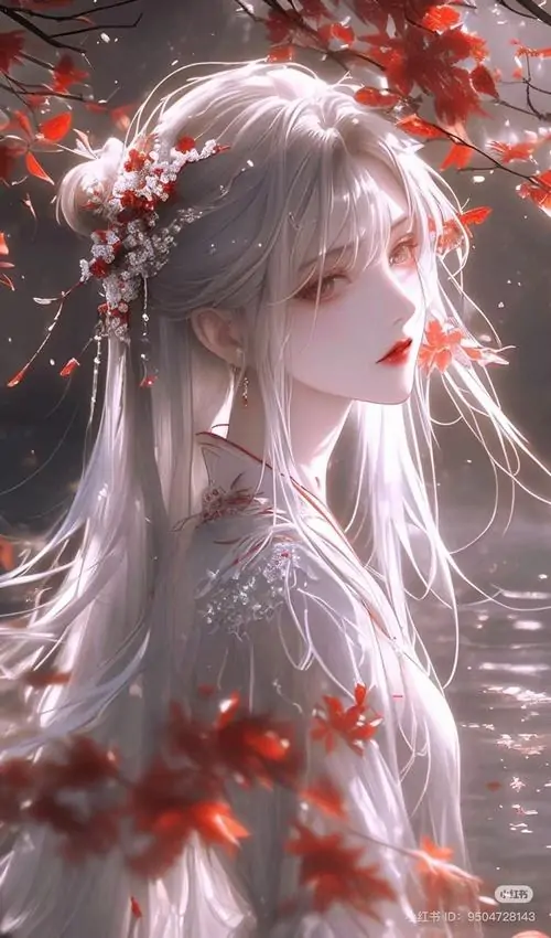 15 Ảnh thiếu nữ Trung Hoa cận cảnh gương mặt trắng hồng giữa chùm lá đỏ, tóc sáng mềm như tơ sương, sắc buồn rất điện ảnh đi cùng nét môi mỏng, vừa đẹp vừa dịu dàng như đang nhớ một lời hẹn