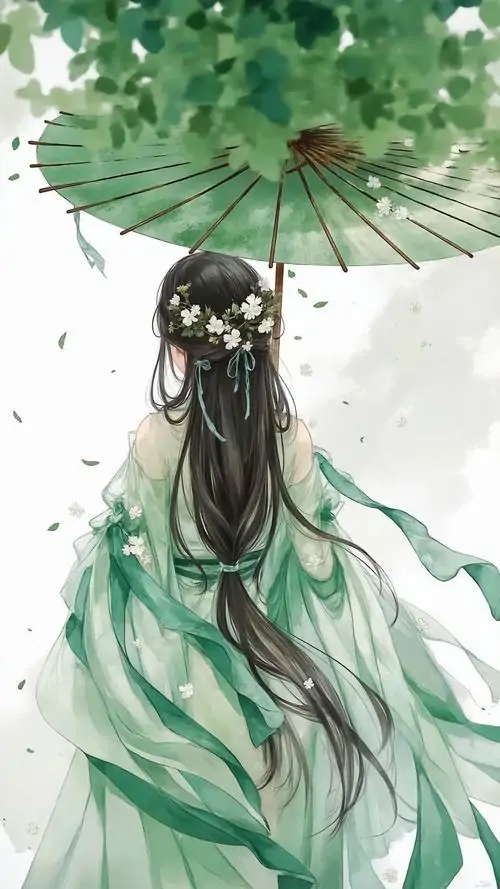 16 Từ sau lưng, cô gái áo lục che mình dưới ô giấy lớn, hán phục xanh nhạt bay dọc sống lưng mảnh, gam màu tươi khiến khung tranh mềm và cute, như một phút nghỉ chân giữa vườn xuân yên
