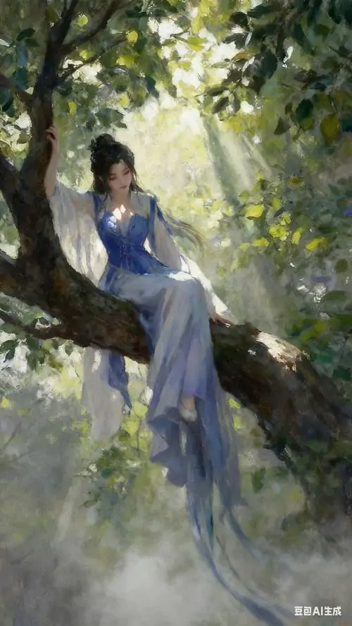 17 Hình anime thiếu nữ áo lam ngồi trên nhánh cây già giữa rừng sáng đốm nắng, chất tranh cổ phong hòa với cảm giác cô đơn, dáng ngồi nhỏ và đẹp, như lặng nghe tiếng lá thay lời người cũ