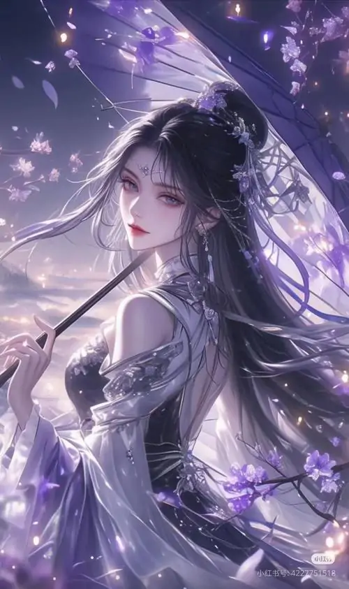 18 Nàng tóc tím trong mỹ nhân cổ trang buồn khẽ nâng ô giữa nền sao mờ, lớp váy bán trong phủ ánh khói, tổng thể mộng mị mà dịu dàng, như bước ra từ giấc mơ chưa kịp tan lúc canh khuya