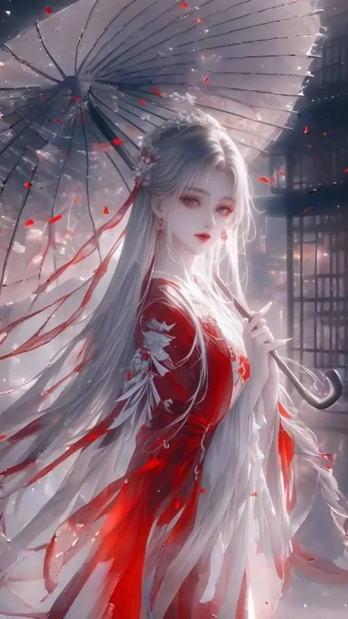 19 Minh họa anime cô gái tóc trắng vận váy đỏ đứng trước mưa sáng và rèm cửa, đường tà bay mạnh tạo nét đẹp mong manh, màu sắc tương phản khiến bức hình cổ phong nữ buồn vừa rực vừa lặng