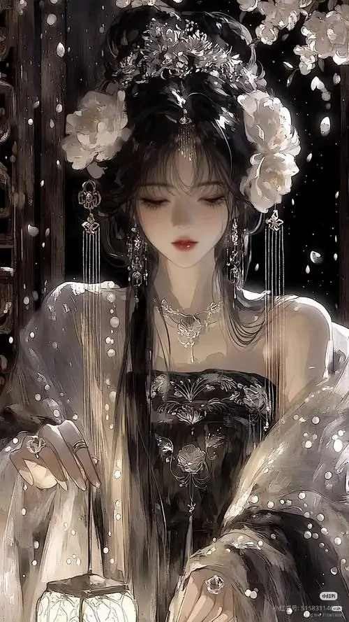 2 Chân dung mỹ nhân cổ trang buồn cận cảnh, tóc búi cao với trâm cài tóc lấp lánh, váy tối ôm vai mảnh, ánh nhìn sâu đẹp mà lạnh, như giữ kín nỗi niềm giữa đêm vắng