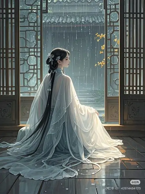 20 Thiếu nữ áo bạc ngồi nghiêng trong khung cửa mở ra hồ nước, tay áo đổ dài xuống bậc gỗ, ngọc bội ẩn nhẹ nơi eo, chiều sâu hoài niệm phủ khắp gian phòng, đẹp theo kiểu rất chậm và sâu