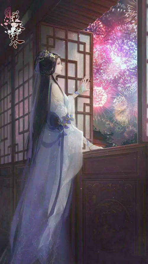 23 Hình ảnh hoạt họa cô gái đứng trước nền trời xám, quạt tay khép hờ nơi ngực, mái tóc đen dài buông qua eo, chất cổ điển phủ toàn thân, đẹp thanh sạch mà vẫn có chút lạnh của ngày sang thu