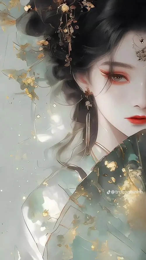 29 Tranh kiểu Nhật thiếu nữ tóc đen khoác áo đỏ nhạt đứng trước rèm lụa bay, hoa bỉ ngạn in bóng nơi nền tối, mỹ cảm chia ly hiện rõ trong dáng cổ cao và bờ vai mảnh, vừa sang vừa buồn