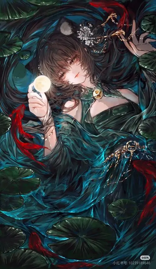 4 Khung tranh kiểu Nhật bắt trọn cô gái tóc sẫm nép giữa sắc lam đỏ, ánh mắt xa xăm hướng vào đốm sáng trong tay, bố cục mộng mị và đẹp, gợi cảm giác linh hồn lạc bước giữa thủy ảnh