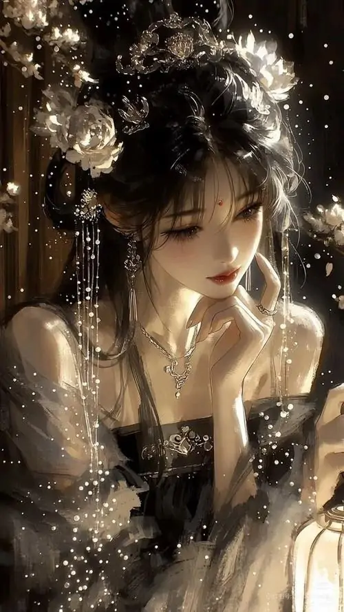 5 Ảnh cổ phong thiếu nữ nghiêng đầu trong vùng sáng kim nâu, bờ vai mỏng lấp dưới lớp voan mềm, vẻ đẹp u sầu đi cùng nét tinh tế nơi tóc và mi, tạo cảm giác gần mà vẫn rất xa