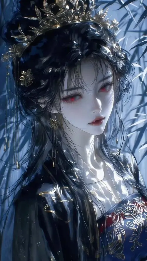 6 Gương mặt trắng xanh của nhân vật hoạt họa hiện lên giữa nền băng lam, tóc đen pha ánh bạc buông lạnh sương, thần thái cổ điển và buồn sâu, đẹp theo kiểu tách hẳn khỏi trần thế