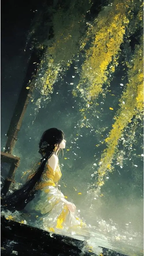 7 Tranh anime cô gái áo vàng ngồi dưới tán rủ sáng lấp lóa, tà áo thướt tha chạm nền cỏ ướt, toàn cảnh anime thiếu nữ Trung Hoa u sầu mang nỗi man mác, dịu dàng như ký ức cuối hạ