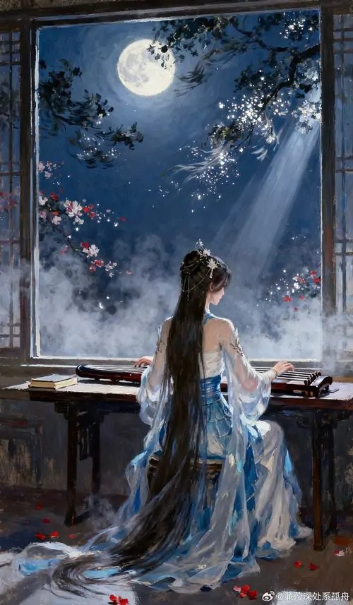 8 Bên khung cửa ngập đêm, nàng áo lam ngồi lặng trước bàn gỗ, ánh trăng lạnh rơi lên tóc và tay áo, chiều sâu hoài niệm lan khắp gian phòng, đẹp mà tĩnh, như đợi tin xưa chưa đến