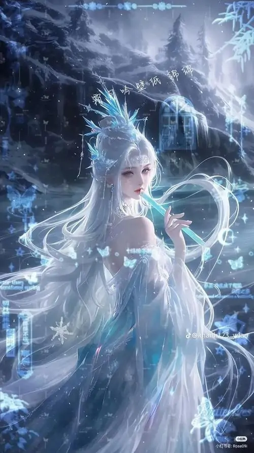 9 Ảnh mỹ nhân cổ trang nhân vật bạch y tỏa sáng giữa băng tuyết xanh, hơi hướng ảnh tiên hiệp nữ hiện rõ qua mái tóc bạc và làn váy mỏng, nét đẹp mong manh khiến khung hình vừa lạnh vừa cute