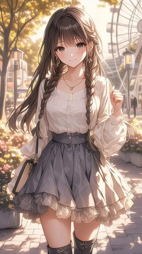 9 Hình anime học đường khắc họa cô nàng tóc dài trong chiếc váy xám mềm, đứng giữa khoảng sáng vàng hắt qua rèm, vẻ mặt e ấp và má ửng hồng làm bức ảnh nữ sinh anime đáng yêu này trở nên đẹp, ấm và đầy cảm xúc