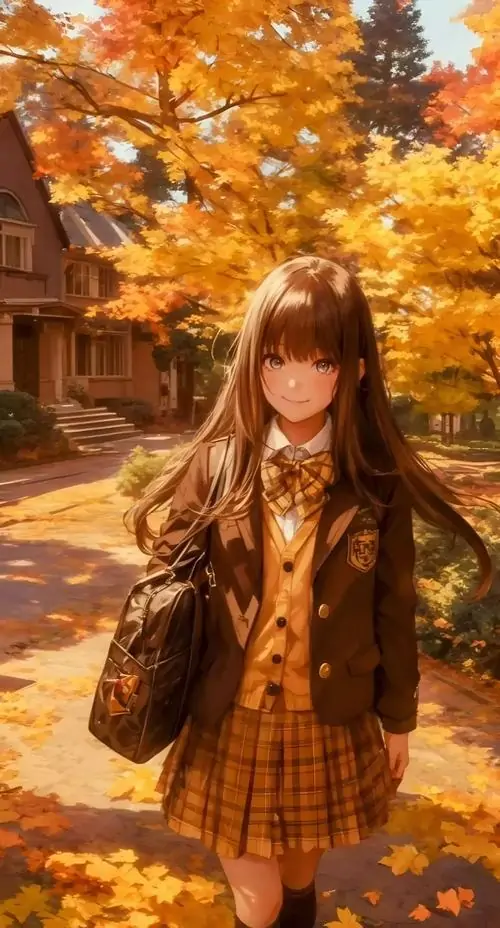 10 Cô bé hoạt họa mặc áo nâu đi giữa con đường phủ lá cam rực, tay ôm túi và bước chậm như vừa tan học, nơ cổ nhỏ tạo điểm nhấn xinh xắn, toàn cảnh gợi đúng chất ảnh học đường anime trong sáng của mùa thu