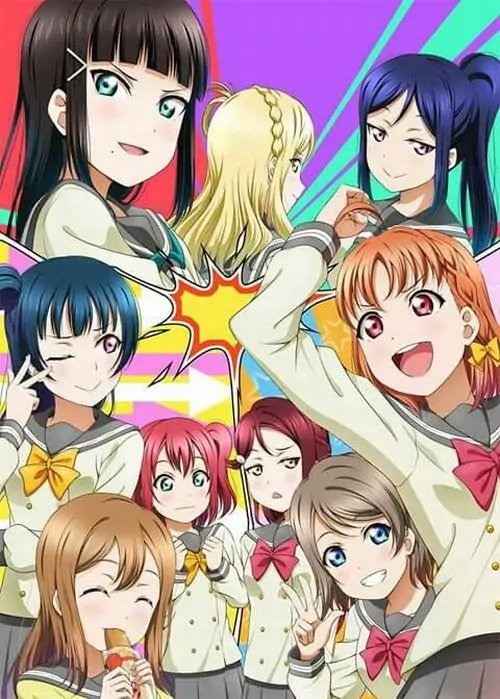 11 Ảnh minh họa dạng poster nhóm với nhiều cô nữ hoạt họa ôm nhau cười rộn ràng, bảng màu tươi và biểu cảm sinh động làm khung hình cực kỳ dễ thương, hợp tinh thần slice of life và rất hợp cho ai thích không khí bạn bè vui vẻ