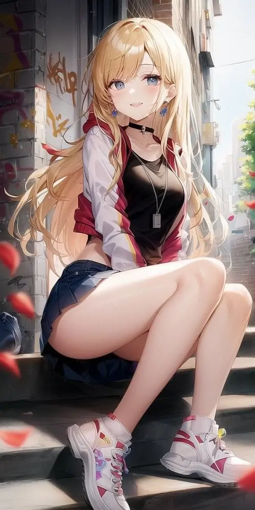 12 Nàng tóc vàng ngồi nghiêng trên mép ghế với áo khoác đỏ đen, chân thon và dáng pose tự tin khiến bức hình có nét cute pha quyến rũ, hậu cảnh sáng nhẹ giữ tổng thể vẫn ngọt ngào chứ không hề quá gắt