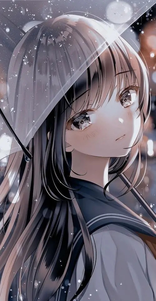 13 Avatar học đường chụp cận cô bé tóc xám đứng dưới ô trong ngày mưa, ánh mắt trong và lạnh nhẹ, nước mờ phủ nền sau tạo cảm giác tinh khôi, kiểu hình anime học đường trong sáng này đẹp theo hướng dịu dàng và rất thơ