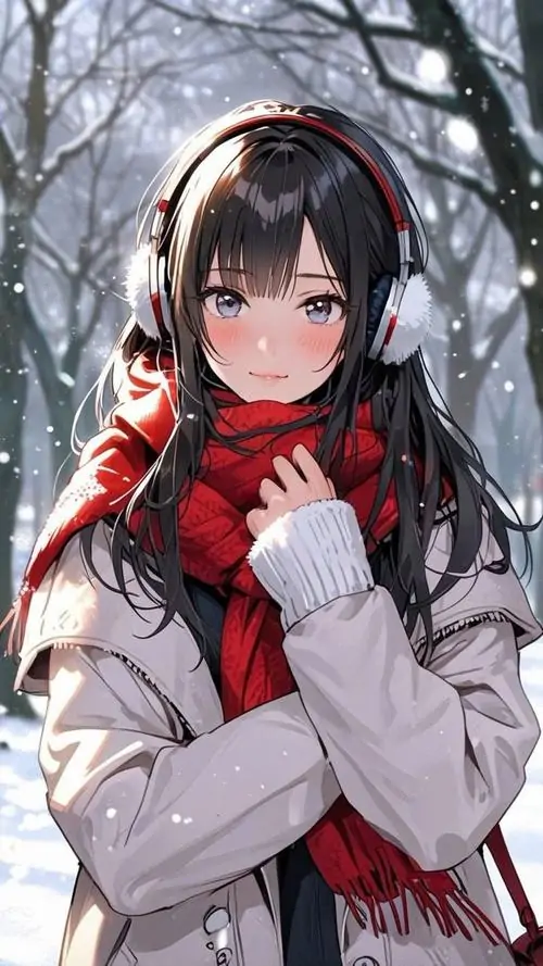 14 Thiếu nữ minh họa quấn khăn đỏ, đội tai nghe và đứng giữa tuyết rơi nhẹ, áo khoác sáng làm gương mặt thêm nổi, vẻ ngại ngùng hòa cùng không gian mùa đông khiến bức ảnh vừa dễ thương vừa mang chút mộng mơ rất cuốn