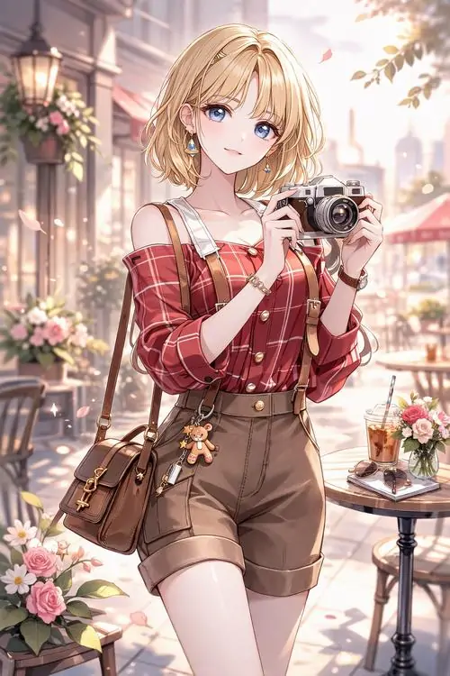 18 Cô gái tóc vàng mặc sơ mi caro đỏ, quần short nâu và đeo máy ảnh trước ngực, đứng giữa góc phố đầy hoa sáng, nét cười nhỏ cùng màu da ấm làm khung hình đẹp và playful như một buổi dạo chơi cuối tuần