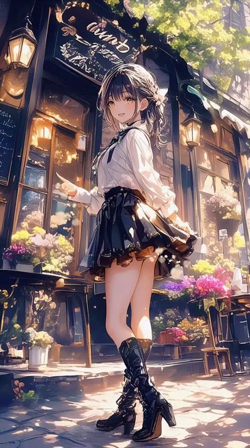 1 Ảnh anime cô nàng học đường đứng dưới ánh đèn phố tối, diện boots cao và chân váy đen, gương mặt dịu dàng nhưng vẫn có nét cuốn hút, khung cảnh lấp lánh làm tổng thể vừa đẹp vừa ngọt ngào như một nữ sinh anime bước ra từ đêm thu