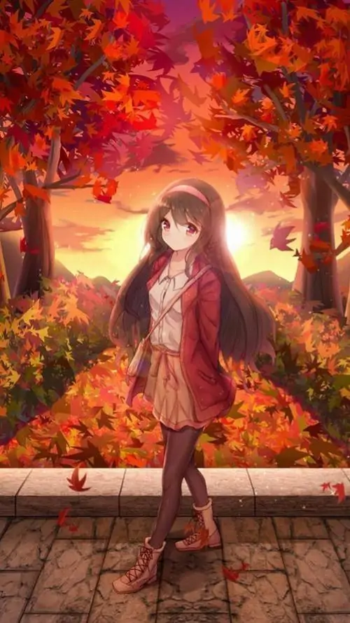 20 Bức vẽ cô bé nhỏ đứng giữa con đường đỏ rực lá thu, ánh nắng cuối ngày loang khắp nền gạch tạo cảm giác như truyện cổ tích, dáng người bé xinh và khuôn mặt hiền làm tổng thể đẹp, dịu dàng và hơi man mác