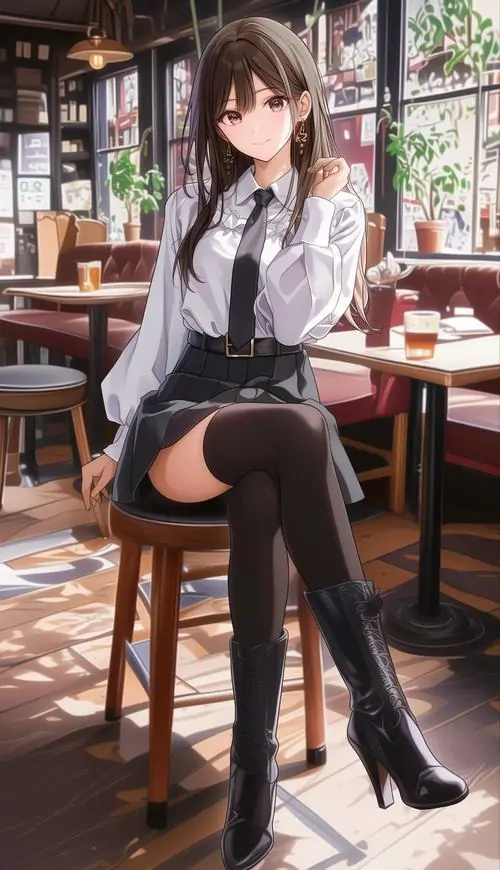 21 Avatar anime là cô nàng tóc nâu ngồi trên ghế cao trong quán sáng, sơ mi trắng phối váy đen và tất dài tạo vẻ chỉn chu, cửa sổ lớp kiểu quán học đường phía sau làm ảnh trông thanh lịch, dễ thương và rất có gu