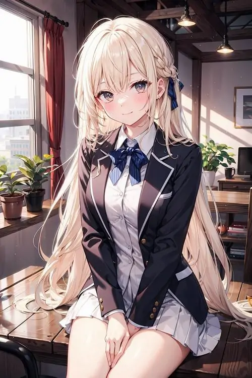 22 Nữ sinh minh họa tóc vàng ngồi trong căn phòng gỗ ấm, blazer tối và váy ngắn khiến dáng vẻ thêm nổi bật, tay đặt lên đùi khá nhẹ nhàng, khung cảnh giống thư viện nhỏ nên bức ảnh đẹp theo kiểu yên tĩnh và gần gũi