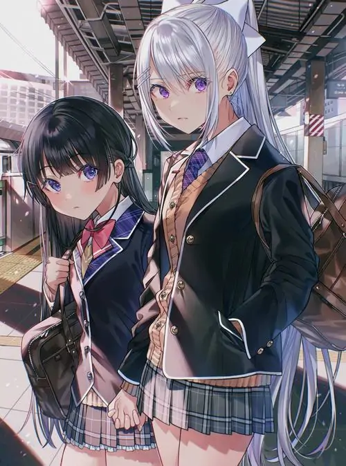 23 Ảnh cô gái anime khắc họa hai cô nữ sinh đứng sát nhau trong bộ váy tối, một nàng tóc bạc một nàng tóc đen, tông màu pastel dịu khiến gương mặt mềm hơn, khung hình toát ra cảm giác thân thiết và rất ngọt ngào