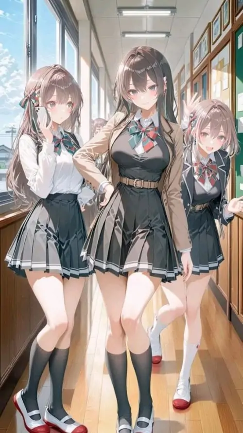 25 Hình ảnh anime nữ đưa vào khung ba cô bé đứng trong hành lang trường, váy tối và sơ mi sáng đồng điệu, bố cục cân đối làm nhóm trông rất nổi, không khí sân trường hiện lên rõ và đem lại cảm giác vui vẻ, đáng yêu
