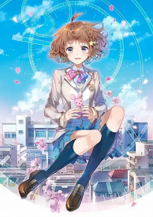 26 Bé gái chibi ngồi lơ lửng giữa nền trời xanh cùng thành phố phía dưới, váy xanh và mái tóc nâu ngắn khiến tổng thể cực cute, mây trắng bao quanh tạo cảm giác bay bổng, đẹp như một tấm sticker tuổi học trò rạng rỡ