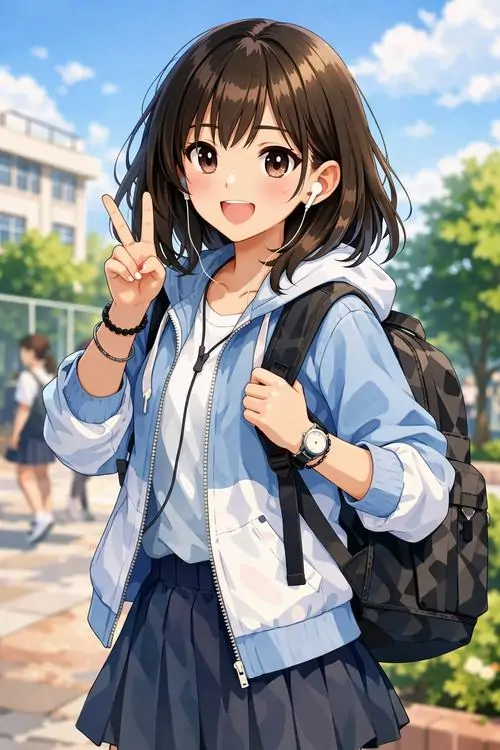27 Ảnh học đường là cô bé tóc ngắn cười tươi ngoài nắng, mặc áo khoác xanh nhạt và giơ tay chào đầy năng lượng, nụ cười tỏa nắng cùng nền trời sáng khiến bức ảnh nữ sinh anime dễ thương này nhìn vào là thấy vui ngay