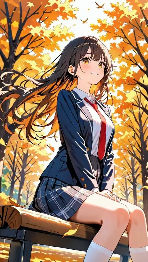 2 Cô gái hoạt họa ngồi nghiêng trên ghế giữa tán lá vàng, áo blazer và cà vạt đỏ tạo cảm giác học đường rõ nét, ánh nhìn xa xăm khá mơ mộng, kiểu ảnh nữ sinh anime đáng yêu này vừa dễ thương vừa có chất thanh xuân rất sáng