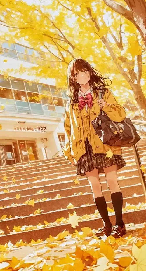 4 Khung hình vẽ cô nữ trẻ trung bước qua lối đi phủ lá vàng trong bộ đồng phục học sinh, dáng đi nhanh và nhẹ như đang đến lớp, ánh nắng ấm làm mọi thứ rạng rỡ hơn, nhìn vào thấy ngay không khí học đường vui tươi