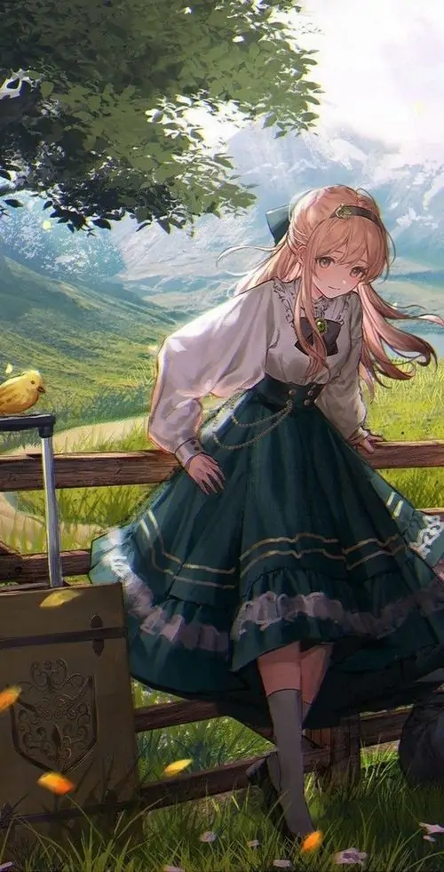 6 Thiếu nữ hoạt họa tóc hồng đứng gần hàng rào giữa đồi cỏ xanh, váy tối bồng nhẹ theo gió, thần thái yên yên và có chút dandere, bầu trời rộng phía sau làm bức ảnh đẹp theo kiểu dịu dàng và rất thư giãn