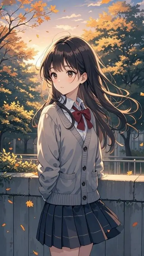 7 Ảnh nữ sinh anime mang sắc chiều nhẹ với cô bé tóc đen mặc cardigan xám và váy tối, đứng dưới hàng cây vàng rơi lác đác, đôi mắt long lanh nhìn nghiêng tạo cảm giác ngọt ngào, hợp làm hình anime học đường trong sáng