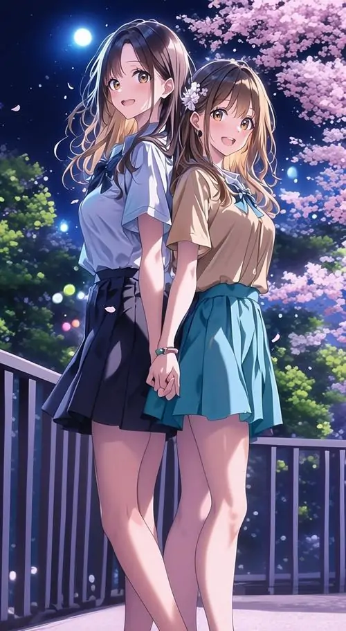 8 Hai cô gái minh họa đứng cạnh lan can tím giữa vườn hoa, trang phục sáng và chân váy xanh khiến khung hình tươi như một lát cắt romance, ánh sáng đêm xanh tím làm bộ đôi trông nổi bật, đáng yêu và rất mộng mơ