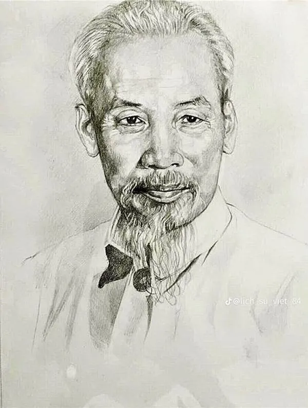 13 Chân dung lãnh tụ Hồ Chí Minh bằng chì mảnh nhẹ tập trung vào gương mặt thanh thoát thần thái nhân hậu và nét giàu suy tư