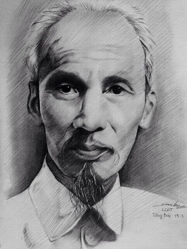 3 Hình chân dung Bác Hồ trắng đen khắc họa khuôn mặt gầy ánh nhìn xa xăm tạo cảm giác quắc thước nhưng vẫn rất mộc mạc