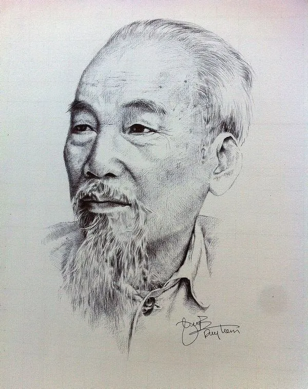 2 Chân dung Chủ tịch Hồ Chí Minh bằng phác họa chì nổi bật vầng trán rộng gương mặt thanh thoát và vẻ điềm đạm giàu chiều sâu