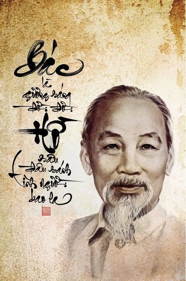1 Ảnh chân dung Bác Hồ tông nâu cổ điển với nét vẽ mềm mại chòm râu bạc nổi rõ và cảm giác kính yêu rất gần gũi