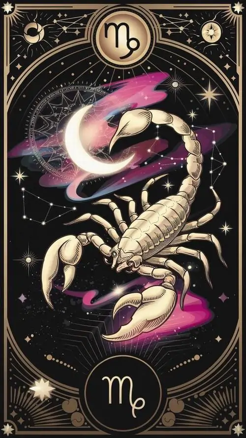 15 Ảnh bìa Thiên Yết trên nền đen vàng với bọ cạp trắng hồng và khung bài huyền bí nhìn sang mắt và có nét cute kín đáo