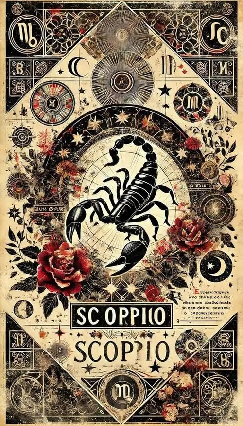 1 Hình Bọ Cạp phong cách cổ điển với biểu tượng bọ cạp đen giữa nền họa tiết giấy cũ đầy vẻ đẹp bí ẩn và khí chất ngầu