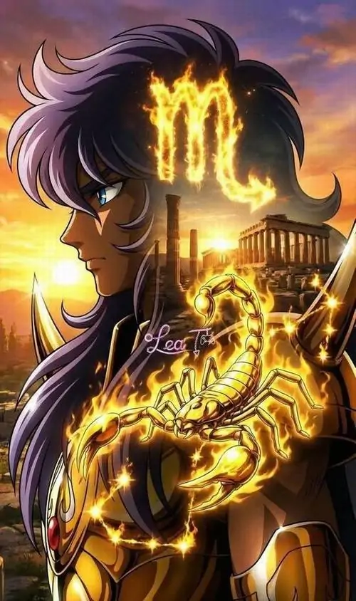 24 Ảnh bìa Bọ Cạp nhân vật nữ mặc giáp vàng ôm linh thú rực sáng gợi sức mạnh tái sinh và sự trung thành kiểu chòm sao hoàng đạo